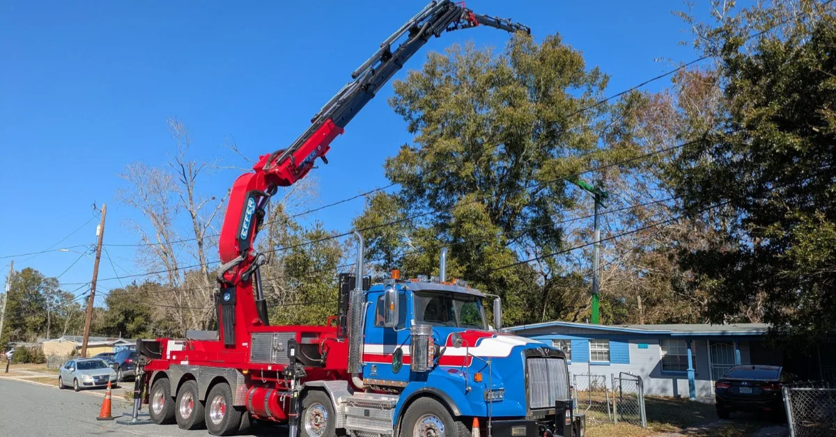 Jax Tree Removal crane truck set up for a tree removal in Jacksonville