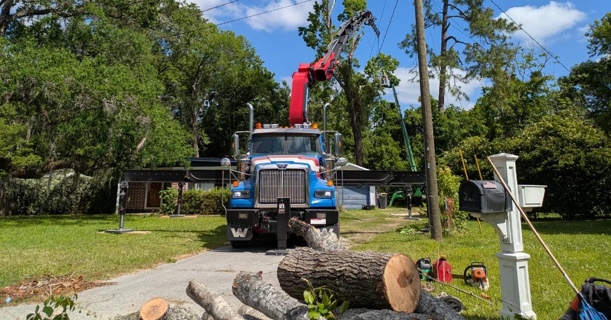 Crane-assisted tree cutting with fresh-cut logs in a Jacksonville yard