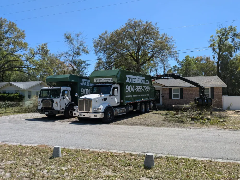 Two green Jax Tree Removal debris-hauling trucks with grapple loaders clearing brush and logs from a Jacksonville home after a storm