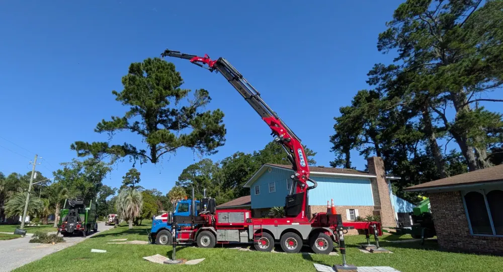Jax Tree Removal blue Western Star truck with a red Effer knuckle-boom crane boomed out over tall pines, outriggers set on lawn pads beside a blue home in Jacksonville, FL