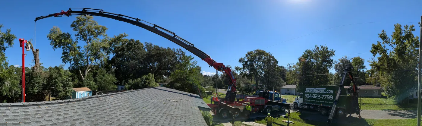 Panoramic view of a Jax Tree Removal knuckle-boom crane arcing over a rooftop to a topped tree, branded crane truck on site in Jacksonville, FL
