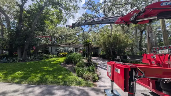 Jax Tree Removal red Effer knuckle-boom crane reaching over a home toward tall oaks while a climber works from a red aerial lift in the canopy, Jacksonville, FL