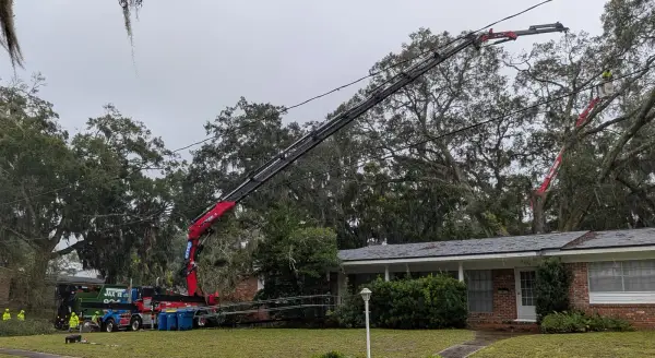 Jax Tree Removal red Effer knuckle-boom crane and a red spider lift with a climber removing a large live oak over a brick home on an overcast day in Jacksonville, FL
