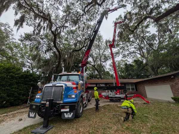 Jax Tree Removal knuckle-boom crane reaching over a brick ranch roof to an aerial lift working a moss-draped oak in Jacksonville, FL