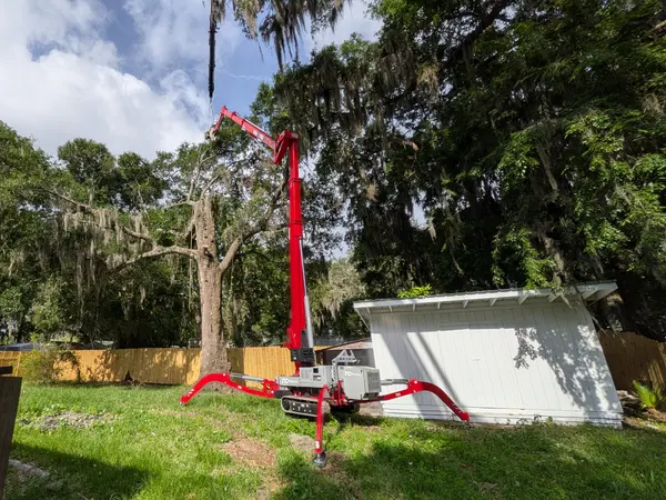 Red tracked spider crane with its boom raised to a tall backyard oak beside a shed in Jacksonville, FL