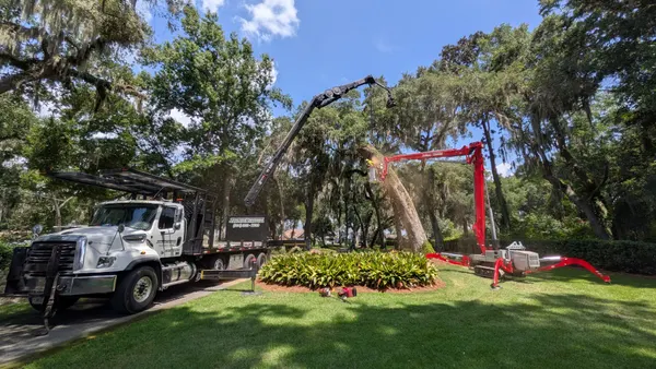 Branded Jax Tree Removal crane truck and red spider-lift working a large leaning live oak on a manicured lot with homes behind — crane tree removal in Jacksonville, FL