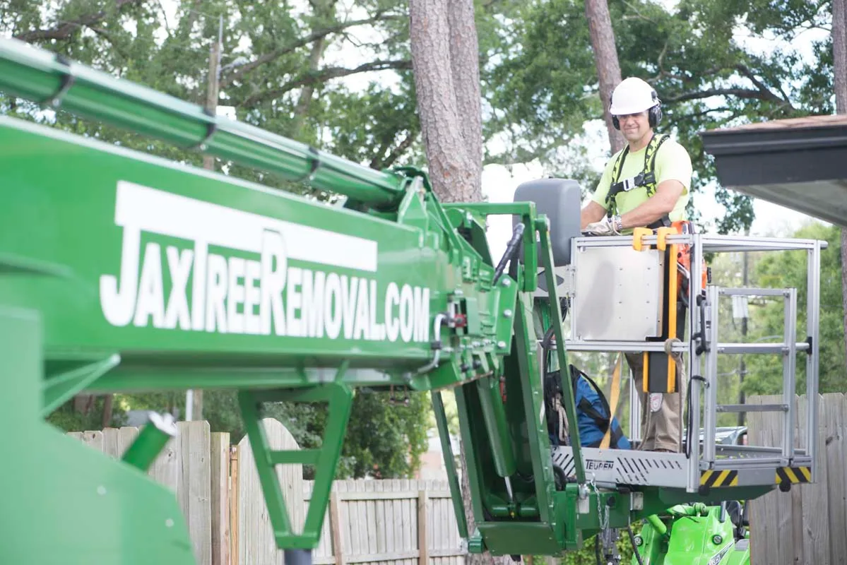 Branded JaxTreeRemoval.com spider lift with a worker in the aerial lift — tree service in Jacksonville, FL by Jax Tree Removal