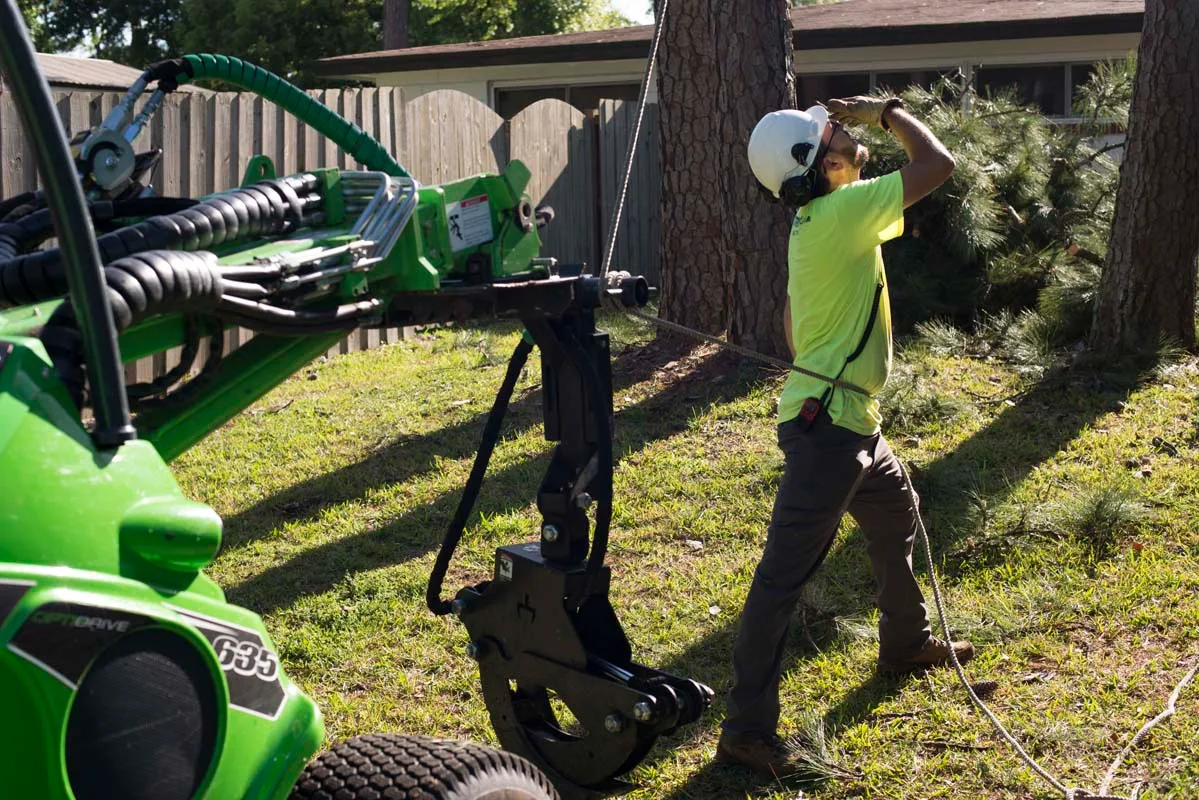 Jax Tree Removal ground worker rigging a line beside a green mini loader — tree service in Jacksonville, FL